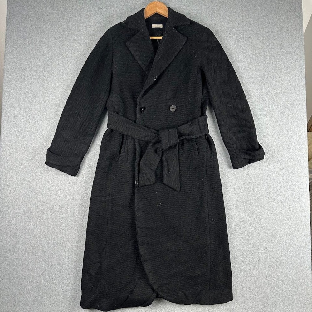 Shanghai Coat Women Black Long Trench Belted Wool Double Breasted One Size